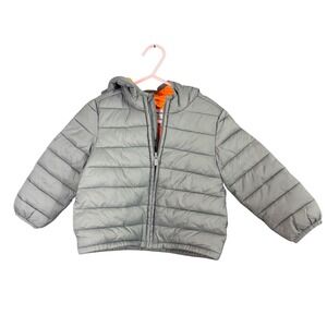 Old Navy Puffer Jacket Toddler Boys Girls 2T Gray Orange Lined Hooded Zip Up